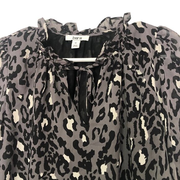 NWT Bar III Blouse Top Black Gray Ruffle Detial Size XS String Tie at Collar NEW - Picture 2 of 9